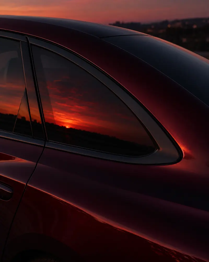 Rear quarter window of a dark red car with charcoal tint reflecting a sunset
