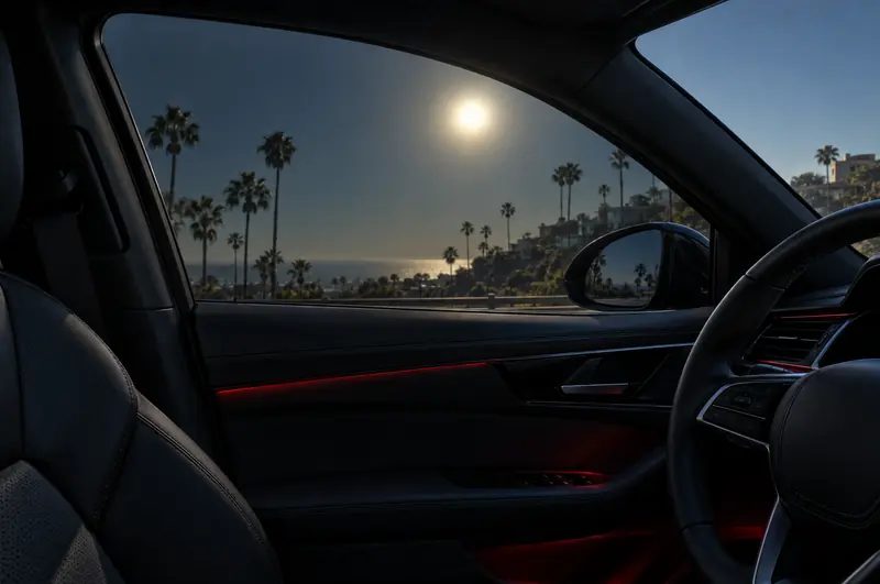 View from the driver seat through a tinted side window toward palm trees and a low sun