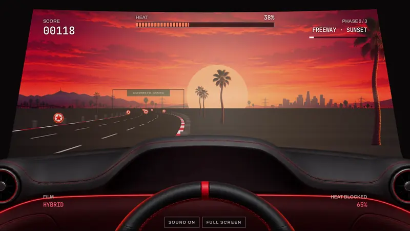 Heat Line game: the road seen from the driver seat at sunset, with the score and the heat bar at the top